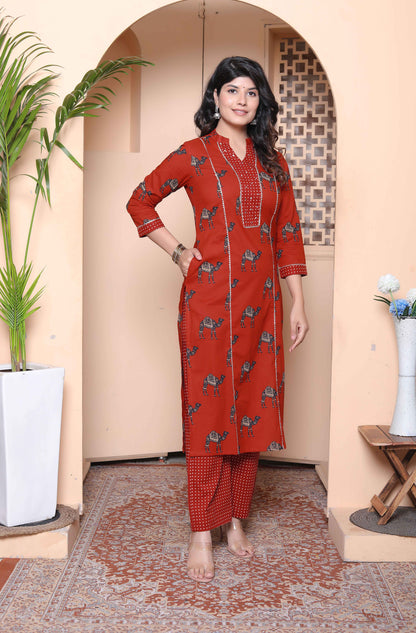 Miravan Womens Rust Animal Printed three quarter Sleeves  Pure Cotton Kurta with Palazzo