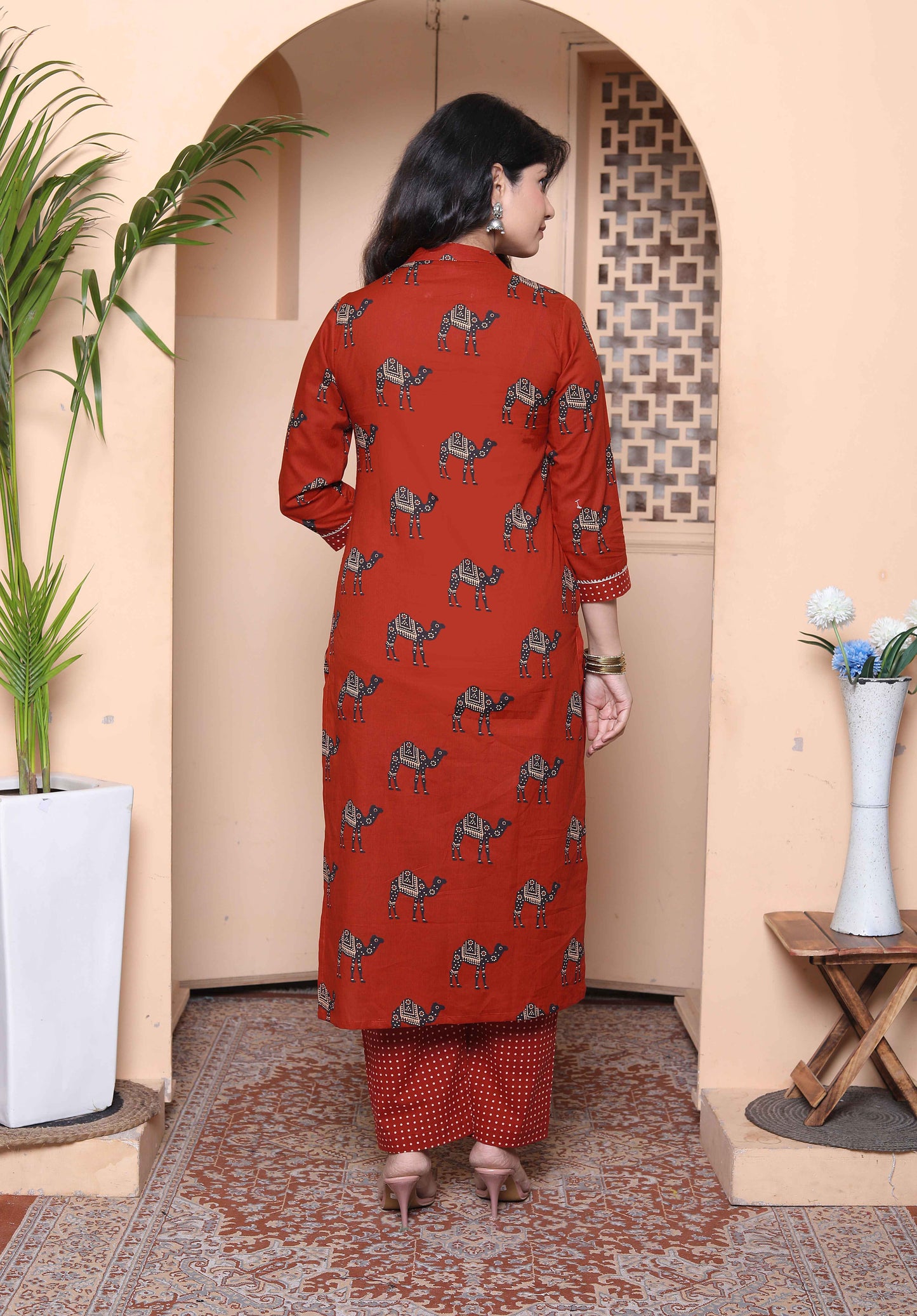 Miravan Womens Rust Animal Printed three quarter Sleeves  Pure Cotton Kurta with Palazzo