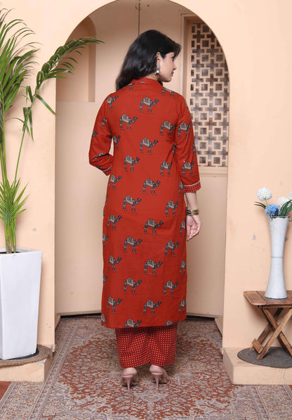 Miravan Womens Rust Animal Printed three quarter Sleeves  Pure Cotton Kurta with Palazzo