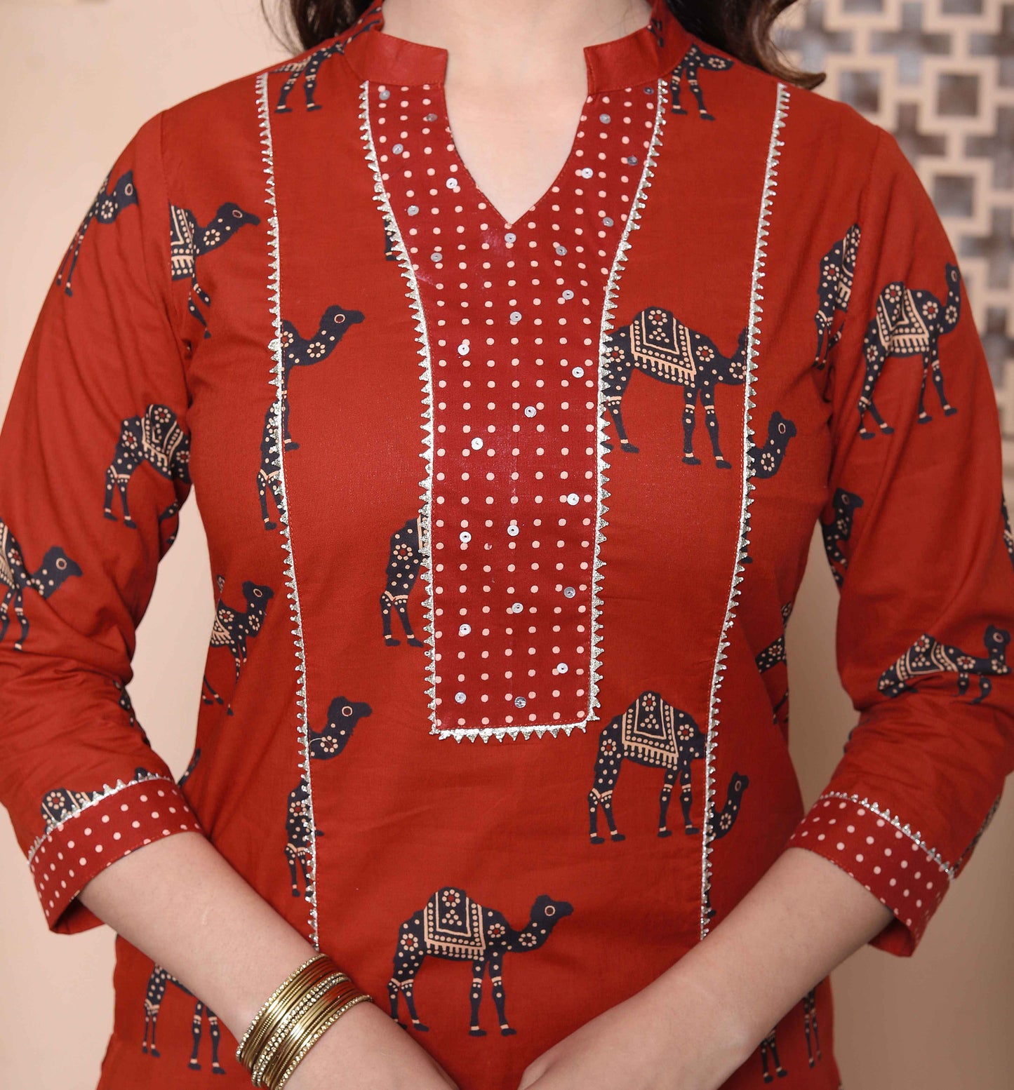 Miravan Womens Rust Animal Printed three quarter Sleeves  Pure Cotton Kurta with Palazzo