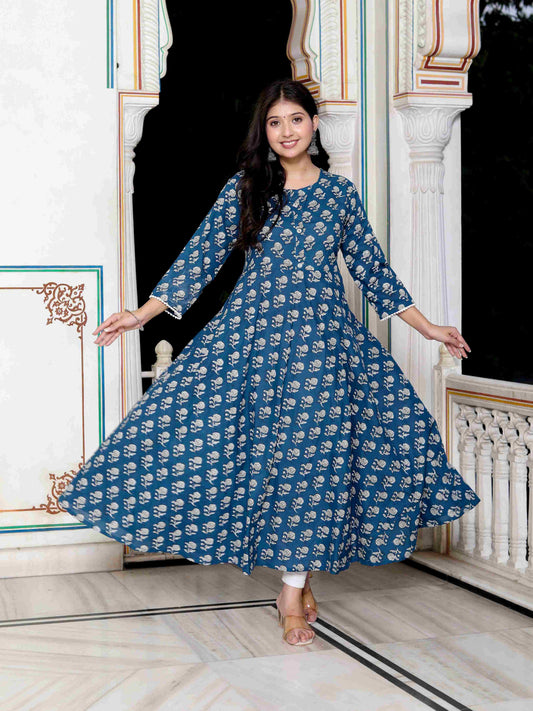 Women's Blue Cotton Floral Printed Anarkali Kurta - Miravan
