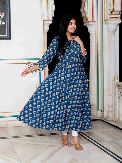 Women's Blue Cotton Floral Printed Anarkali Kurta - Miravan