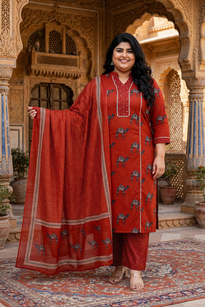 Miravan Womens Plus Size pure cotton Animal Printed Straight Kurta with Palazzo & Dupatta Set