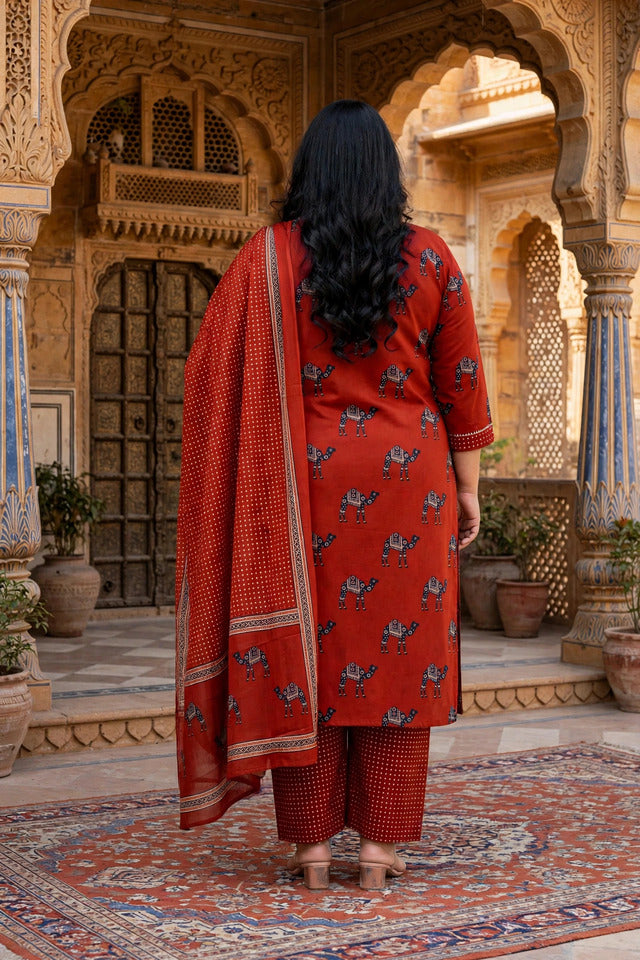 Miravan Womens Plus Size pure cotton Animal Printed Straight Kurta with Palazzo & Dupatta Set