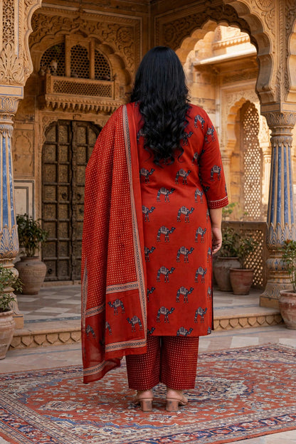 Miravan Womens Plus Size pure cotton Animal Printed Straight Kurta with Palazzo & Dupatta Set
