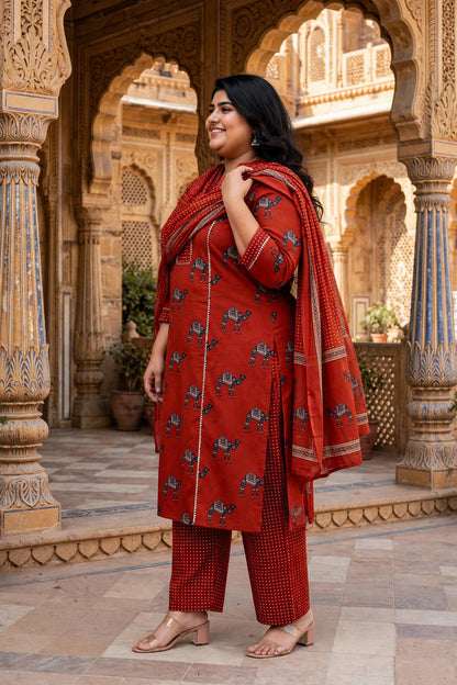 Miravan Womens Plus Size pure cotton Animal Printed Straight Kurta with Palazzo & Dupatta Set