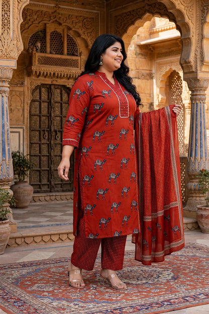 Miravan Womens Plus Size pure cotton Animal Printed Straight Kurta with Palazzo & Dupatta Set