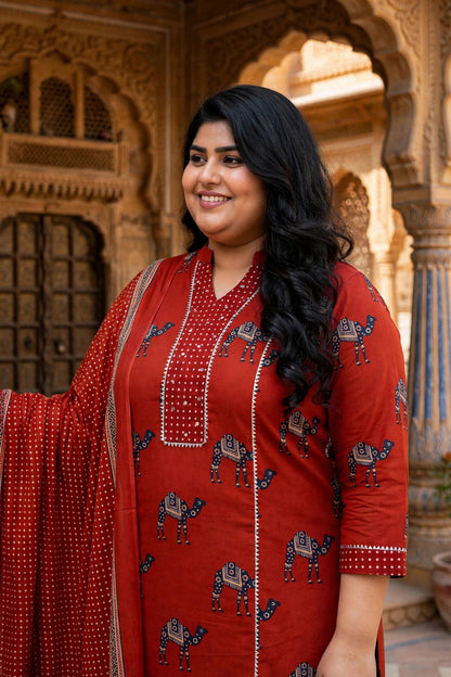 Miravan Womens Plus Size pure cotton Animal Printed Straight Kurta with Palazzo & Dupatta Set