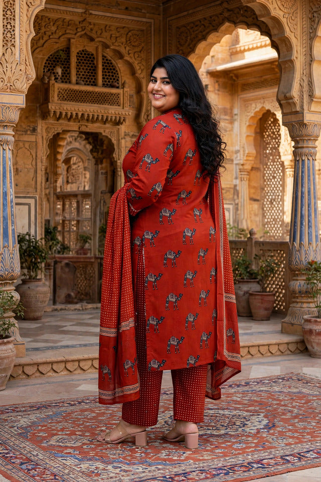 Miravan Womens Plus Size pure cotton Animal Printed Straight Kurta with Palazzo & Dupatta Set