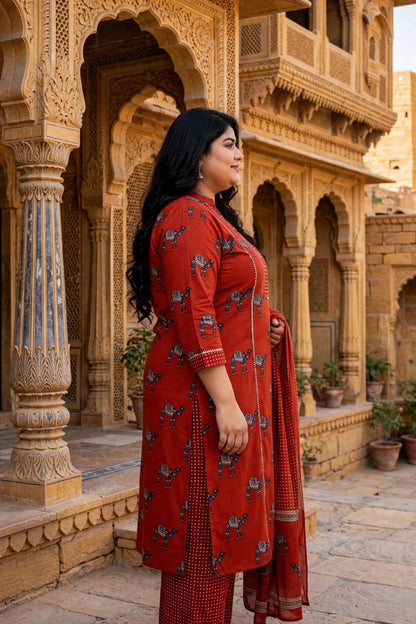 Miravan Womens Plus Size pure cotton Animal Printed Straight Kurta with Palazzo & Dupatta Set