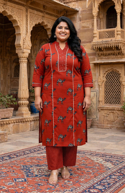 Miravan Womens Plus Size Rust Animal Printed three quarter Sleeves  Pure Cotton Kurta with Palazzo