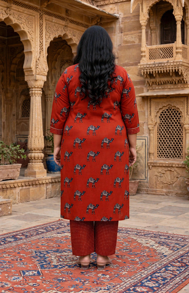 Miravan Womens Plus Size Rust Animal Printed three quarter Sleeves  Pure Cotton Kurta with Palazzo