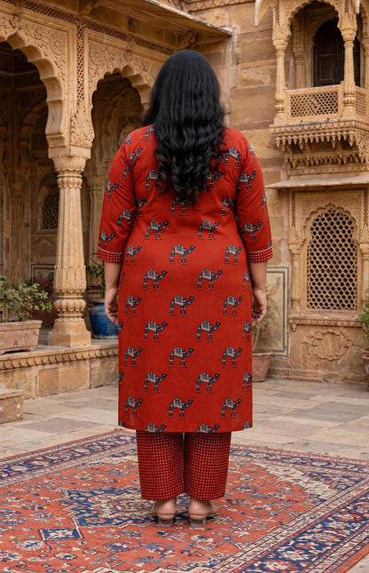 Miravan Womens Plus Size Rust Animal Printed three quarter Sleeves  Pure Cotton Kurta with Palazzo