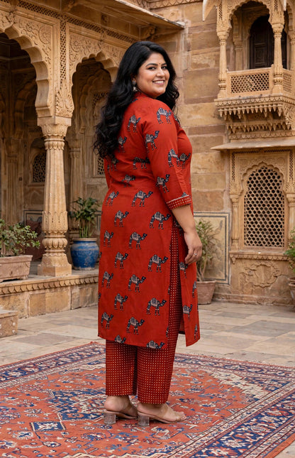 Miravan Womens Plus Size Rust Animal Printed three quarter Sleeves  Pure Cotton Kurta with Palazzo