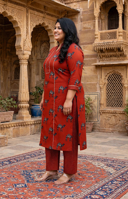 Miravan Womens Plus Size Rust Animal Printed three quarter Sleeves  Pure Cotton Kurta with Palazzo