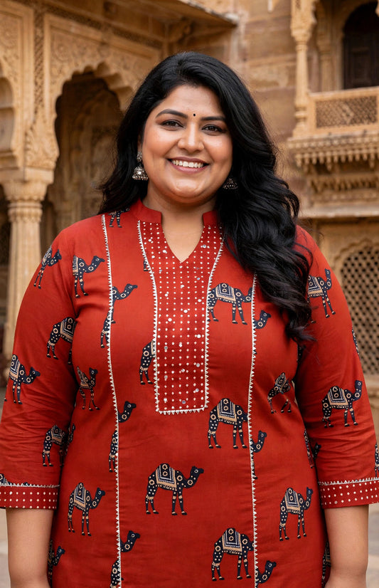 Miravan Womens Plus Size Rust Animal Printed three quarter Sleeves  Pure Cotton Kurta with Palazzo