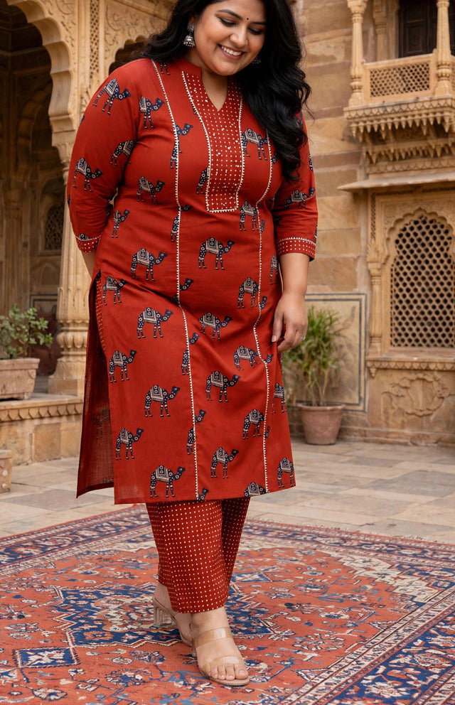 Miravan Womens Plus Size Rust Animal Printed three quarter Sleeves  Pure Cotton Kurta with Palazzo