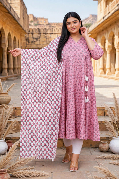 Miravan Womens Plus Size Pink Floral Printed Cotton Anarkali Kurta with Dupatta Set