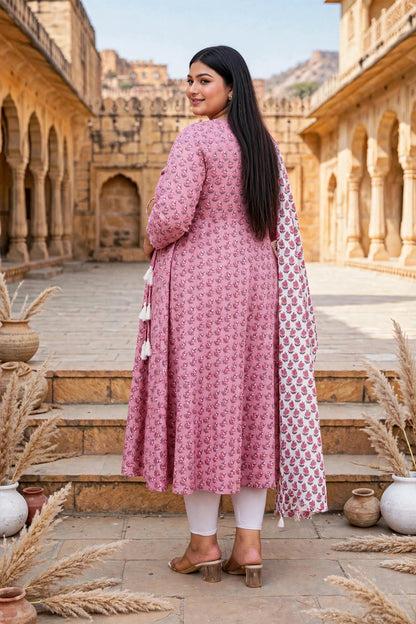 Miravan Womens Plus Size Pink Floral Printed Cotton Anarkali Kurta with Dupatta Set