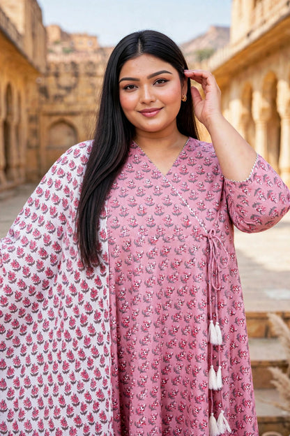 Miravan Womens Plus Size Pink Floral Printed Cotton Anarkali Kurta with Dupatta Set