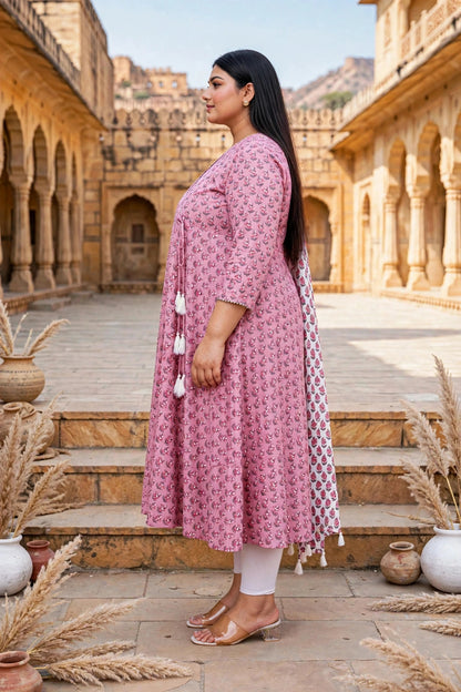 Miravan Womens Plus Size Pink Floral Printed Cotton Anarkali Kurta with Dupatta Set