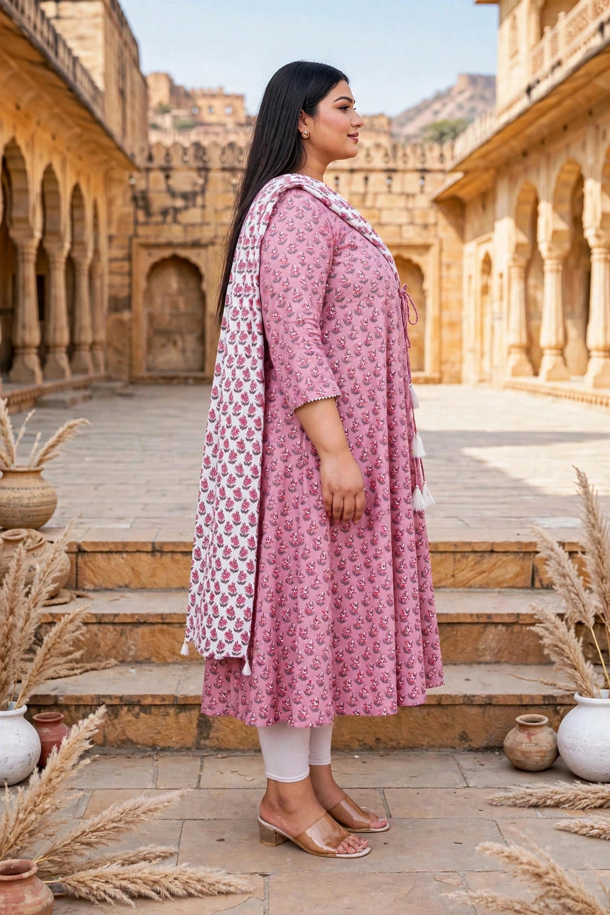 Miravan Womens Plus Size Pink Floral Printed Cotton Anarkali Kurta with Dupatta Set