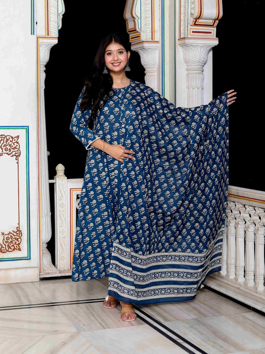Women's Blue Cotton Floral Print Anarkali Kurta With Dupatta - Miravan