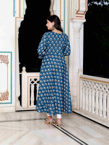 Women's Blue Cotton Floral Print Anarkali Kurta With Dupatta - Miravan