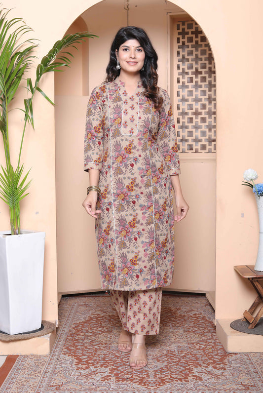 Miravan Womens Pure Cotton Straight Floral printed Kurta with Palazzo-Multicolor