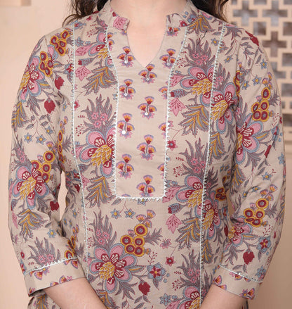 Miravan Womens Pure Cotton Straight Floral printed Kurta with Palazzo-Multicolor