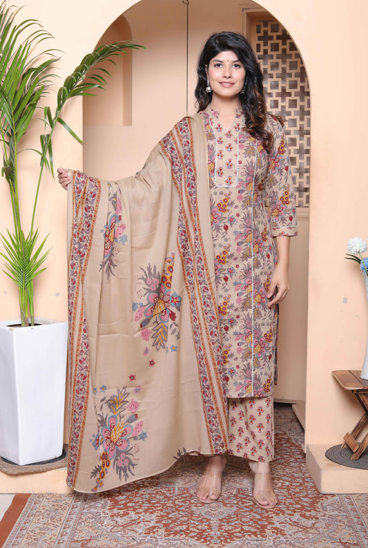 Miravan Womens Multicolor Floral Printed Pure Cotton Kurta and Palazzo with Dupatta Set