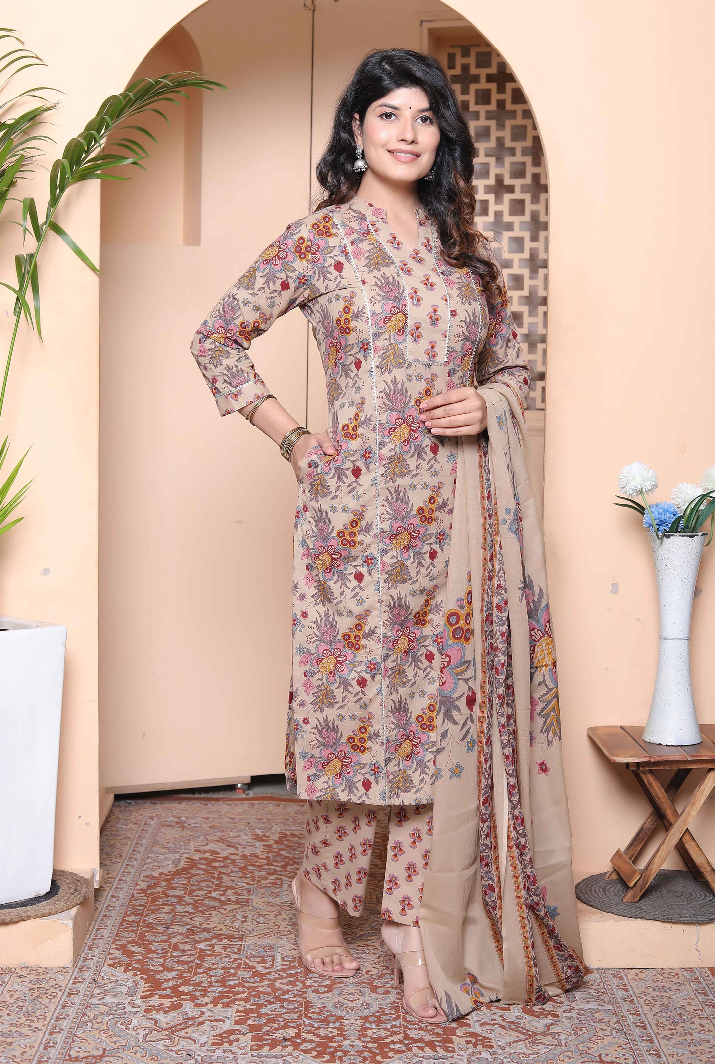 Miravan Womens Multicolor Floral Printed Pure Cotton Kurta and Palazzo with Dupatta Set