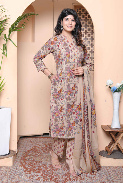 Miravan Womens Multicolor Floral Printed Pure Cotton Kurta and Palazzo with Dupatta Set