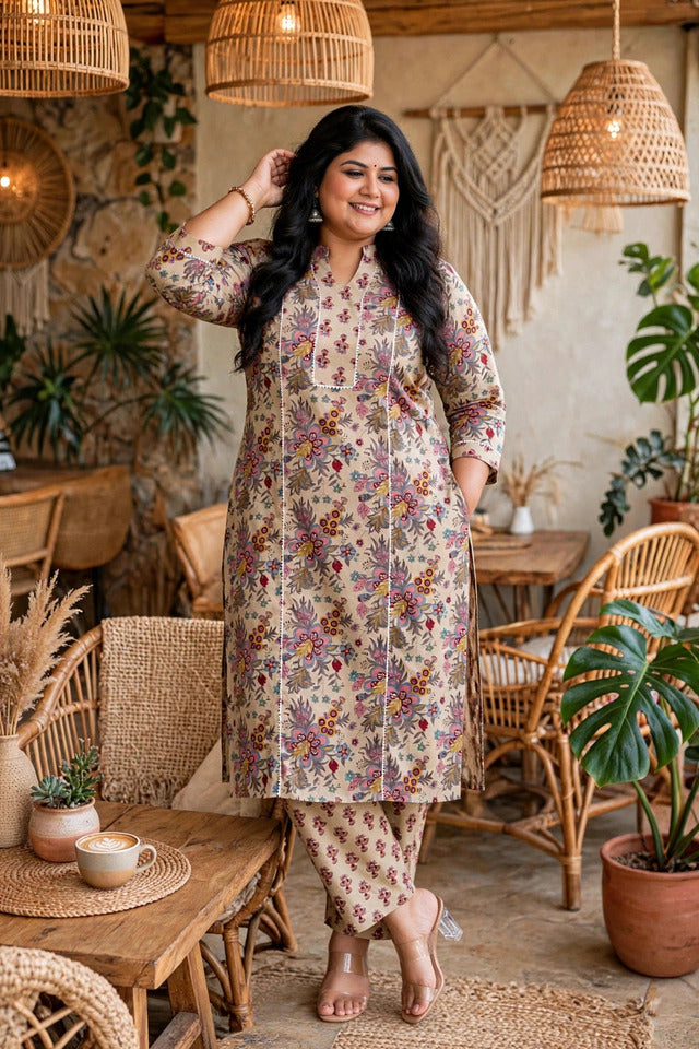 Miravan Womens Plus Size Pure Cotton Straight Floral printed Kurta with Palazzo-Multicolor