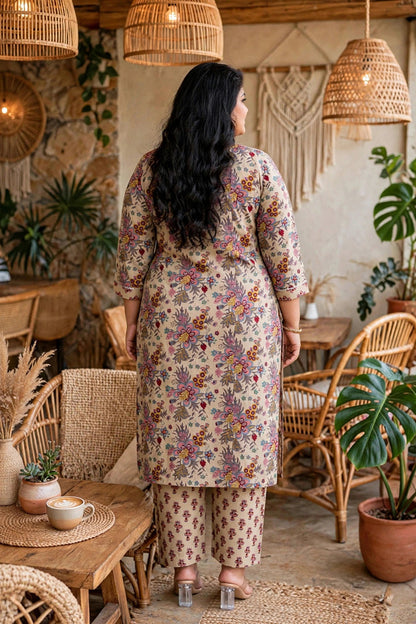 Miravan Womens Plus Size Pure Cotton Straight Floral printed Kurta with Palazzo-Multicolor