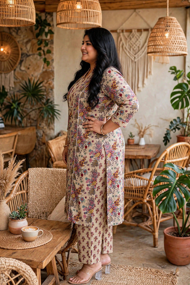 Miravan Womens Plus Size Pure Cotton Straight Floral printed Kurta with Palazzo-Multicolor