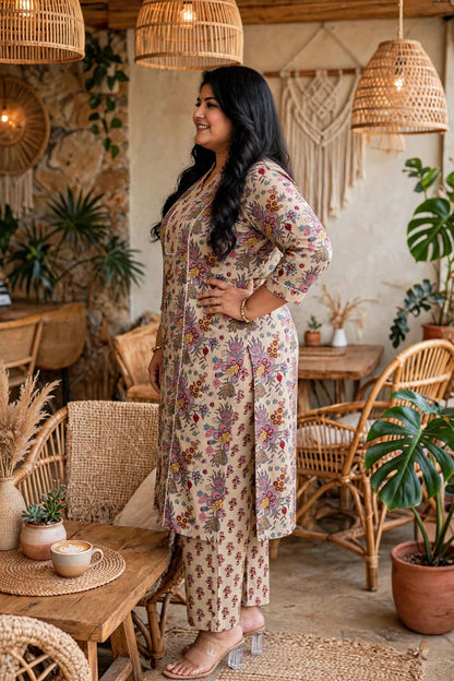 Miravan Womens Plus Size Pure Cotton Straight Floral printed Kurta with Palazzo-Multicolor