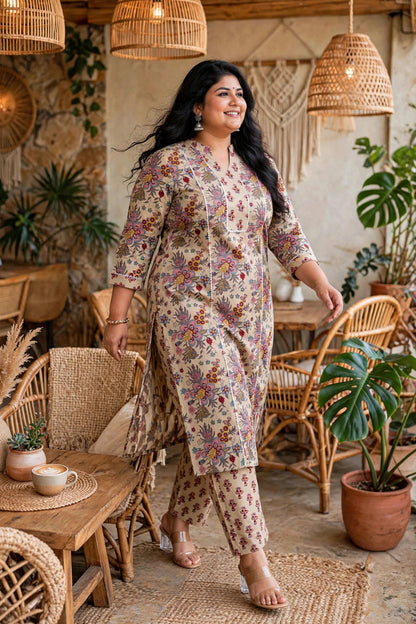 Miravan Womens Plus Size Pure Cotton Straight Floral printed Kurta with Palazzo-Multicolor