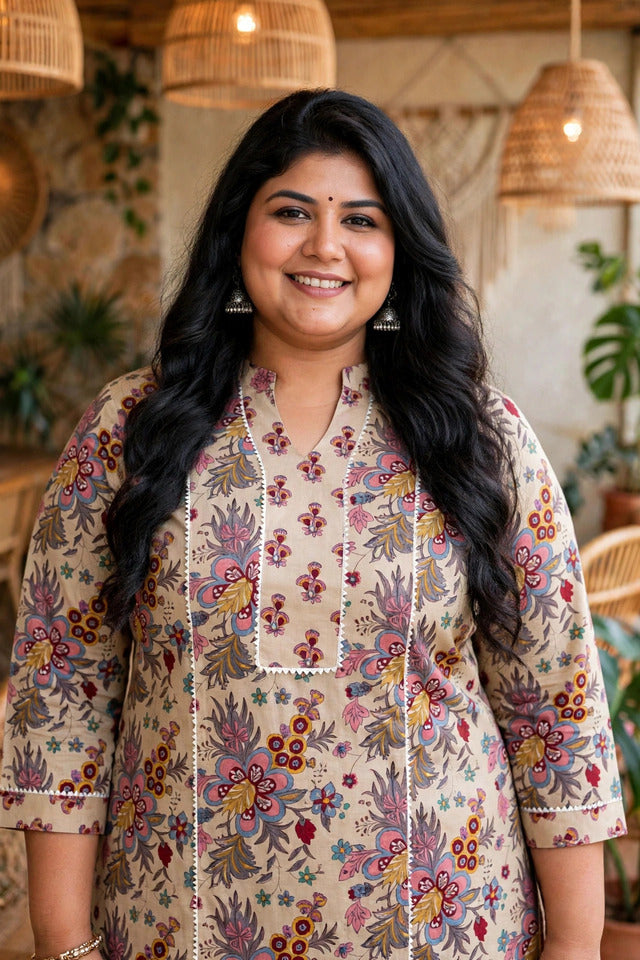 Miravan Womens Plus Size Pure Cotton Straight Floral printed Kurta with Palazzo-Multicolor