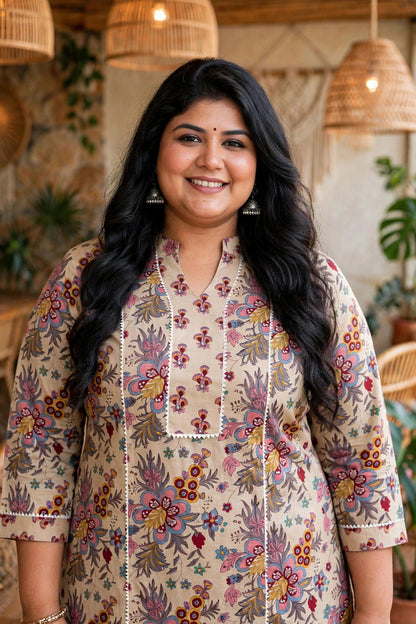 Miravan Womens Plus Size Pure Cotton Straight Floral printed Kurta with Palazzo-Multicolor
