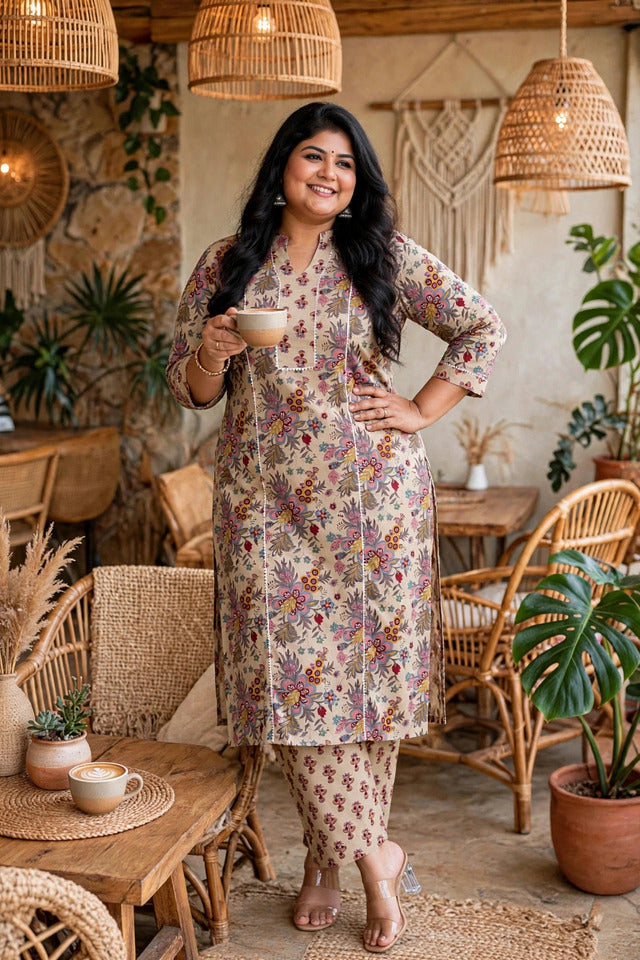 Miravan Womens Plus Size Pure Cotton Straight Floral printed Kurta with Palazzo-Multicolor