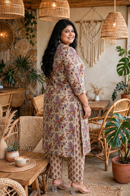 Miravan Womens Plus Size Pure Cotton Straight Floral printed Kurta with Palazzo-Multicolor