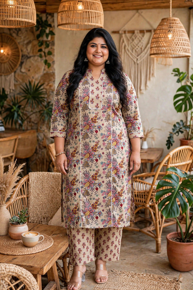 Miravan Womens Plus Size Pure Cotton Straight Floral printed Kurta with Palazzo-Multicolor