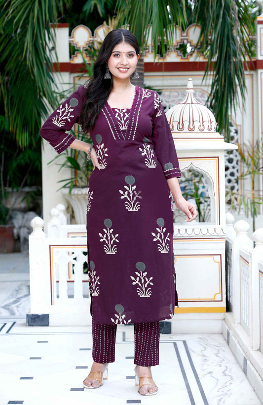 Women's Cotton Fabric Purple New Style Kurta With Palazzo - Miravan