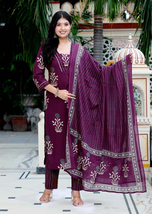 Women's Cotton Fabric Purple Kurta With Palazzo And Dupatta - Miravan