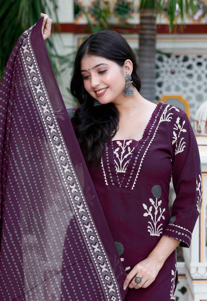Women's Cotton Fabric Purple Kurta With Palazzo And Dupatta - Miravan