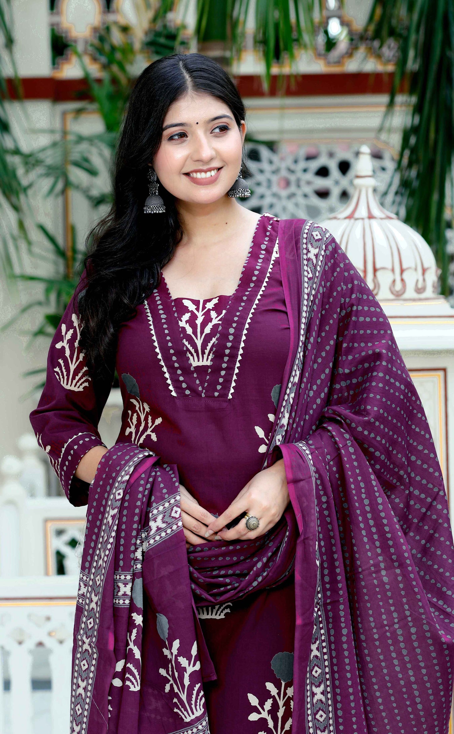 Women's Cotton Fabric Purple Kurta With Palazzo And Dupatta - Miravan