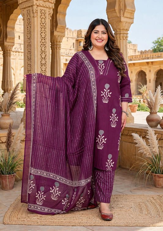 Miravan  Womens Plus Size Cotton Fabric Purple Color Kurta With Palazzo And Dupatta