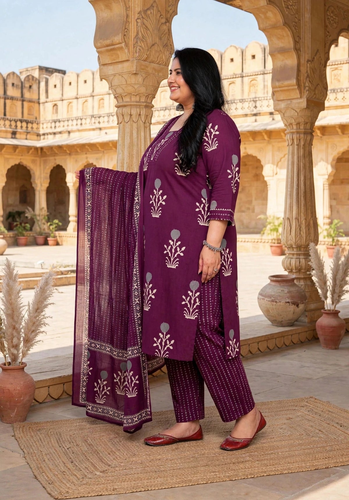 Miravan  Womens Plus Size Cotton Fabric Purple Color Kurta With Palazzo And Dupatta