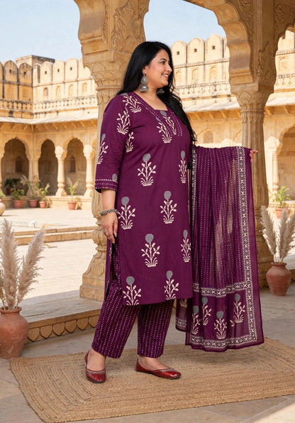Miravan  Womens Plus Size Cotton Fabric Purple Color Kurta With Palazzo And Dupatta